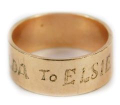 A wedding band, inscribed HILDA to ELSIE, ring size R, gold plated.