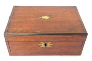 A 19thC mahogany and brass line inlaid writing slope, the hinged lid enclosing a leather inset with