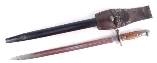 A British Anderson bayonet, dated 1907, in leather scabbard, blade is 43.5cm long, the overall