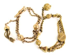 A 9ct gold watch chain, of elaborate design with two central balls, T bar, and tassel, 20cm long, 13