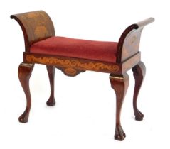 A 19thC walnut and marquetry dressing stool, with scrolling arms raised on cabriole legs, ball and c