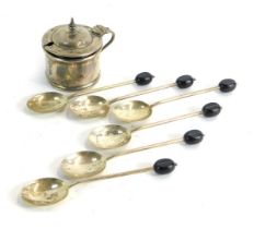A set of six silver coffee bean spoons, and a George V silver mustard, with blue glass liner, 1.98oz