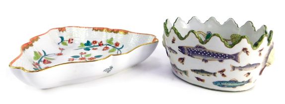 A Herend serving dish, of triangular shaped form, decorated with orange flowering blossom, with a gi