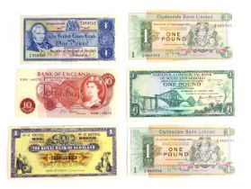 Six UK banknotes, comprising The British Linen Bank one pound note dated 1968, ten shilling note, Ro