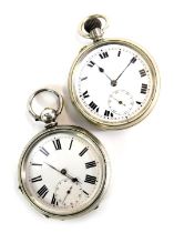 Two 19thC pocket watches, comprising a white metal cased pocket watch with white enamel dial and blu