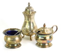 A George V silver pepper pot, Birmingham 1927, 2.37oz, and a silver plated mustard and cruet, with s