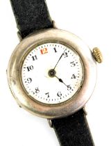 A silver cased wristwatch, the circular watch head with a white enamel numeric dial, and black hands