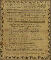 A 19thC Sampler, with black embroidery, entitled Maria Beasley February 9th 1818 aged 8, 39cm x 33cm