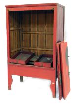 A Chinese red lacquer cabinet, with two doors enclosing drawers, etc., 182cm high, 113cm wide, (AF).