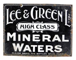 An enamel sign, for Lee and Green Ltd. High Class Mineral Waters, single sided, white lettering agai