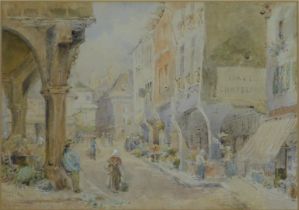 Elizabeth C Perrie (19thC School). Town scene flower market and buildings entitled David Chapeli, wa