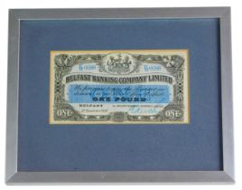 A Belfast Banking Company Limited one pound note, serial number EM6688, dated 9th November 1939, in