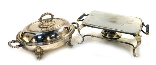Silver plated wares, comprising a 20thC silver plated plate warmer stand, with moulded and ebonised