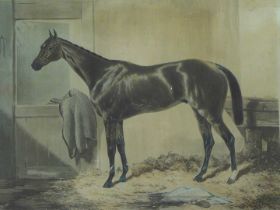 A 19thC aquatint of Blue Gown, Derby Stakes winner at Epsom 1868, in maple frame, 50cm x 60cm. (AF)