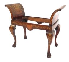 A 19thC walnut and marquetry dressing stool, with scrolling arms and cabriole legs, lacking seat, 78