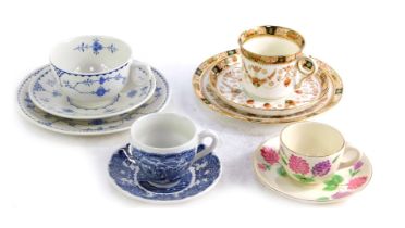 A group of decorative china, comprising Furnivals blue and white trio set, a Florentine Jewel china