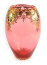 A Dominic Continental large ruby glass ovoid vase, embellished with gilt scroll overlay and wave pat