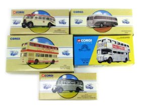 A group of Corgi Classics diecast vehicles, comprising a Burlingham Seagull Woods, a Leyland Atlante