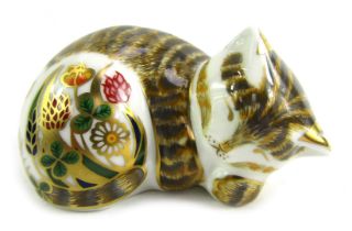 A Royal Crown Derby porcelain paperweight modelled as Cottage Garden Kitten, gold stopper and red pr