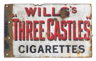 An enamel sign for Wills Three Castles Cigarettes, double sided, black and red lettering against an