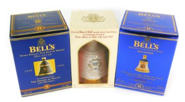 Three Bell's whisky decanters, comprising commemorative Golden Wedding Anniversary of the Queen and