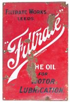 An enamel sign for Filtrate Works Leeds, The Oil for Motor Lubrication, single sided, black and whit