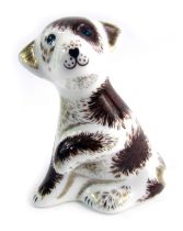 A Royal Crown Derby porcelain paperweight modelled as Bailey Puppy, gold stopper and grey printed ma