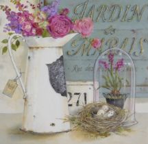 After Kathryn White (20thC). Canvas print depicting enamel ewer containing flowers, nest containing