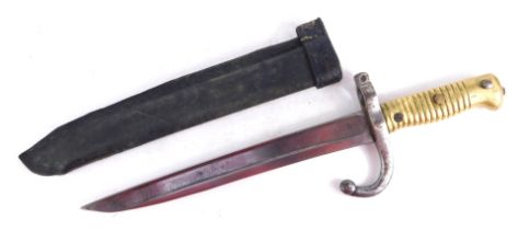 A 19thC French Chassepot bayonet, M1842 pattern, numbered 8448, 41cm long, (severely cut down), with