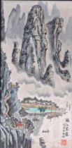 A 20thC Chinese watercolour, of mountains and boats, with red character stamp to right hand side, 65