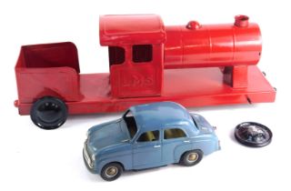 An LMS red tin plate locomotive, 48cm long, Victory Industries battery powered car.