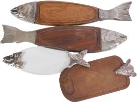 Three salmon filleting boards, comprising a pair of large silver plated and oak boards as fish, 88cm