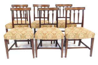 A set of six 19thC mahogany and satinwood inlaid dining chairs, each with a reeded rail and bar back