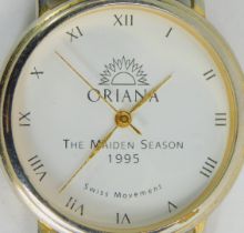 A P & O Oriana Maiden Season 1995 wristwatch, on black leather strap.