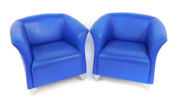 A pair of modern Grassoler Italian blue frame leather tub chairs, on steel tapered legs.