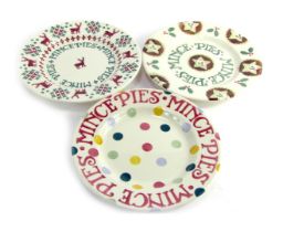 Three Emma Bridgewater pottery mince pie plates, each of differing design, comprising deer, multicol
