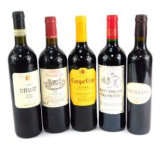 Five bottles of red wine, comprising Cempot Viejo 2019 Rioja, Chateau Pineraie 2010, Bardolino Super
