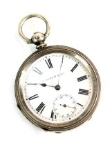 A 19thC Kendel and Dent pocket watch, in an engine turned silver case, with vacant cartouche, on a w