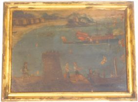 Italian School. Figures before water and boats, oil on canvas, Arthur Johnson and Sons label lot 55