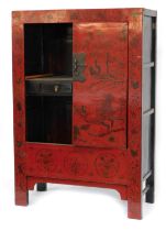 A Chinese red and gilt lacquer cabinet, lacking door, 170cm high, 120cm wide. (AF)