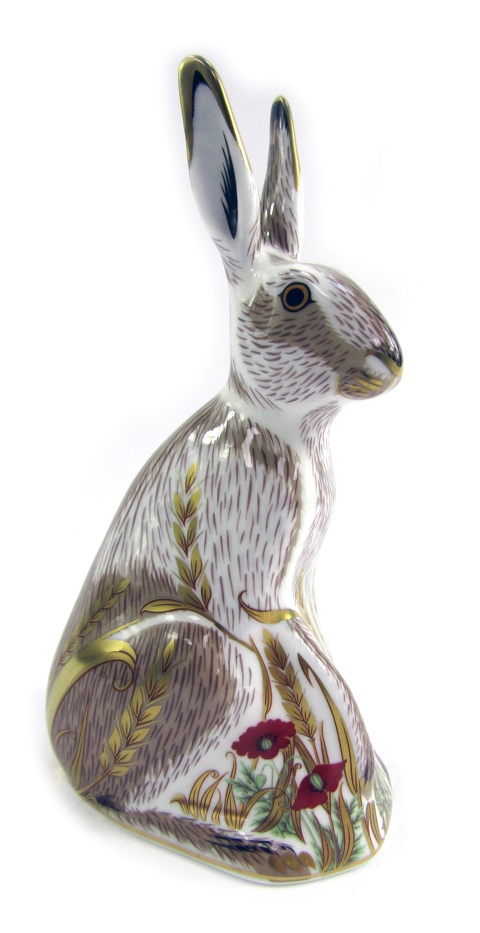 A Royal Crown Derby porcelain paperweight modelled as Mid-Summer Hare, gold stopper and red printed