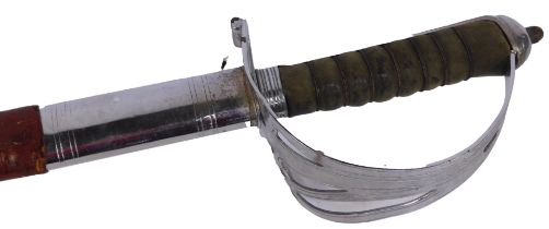 A British Army officer's dress sword, with wire bound leather grip, the blade with inscribed decorat