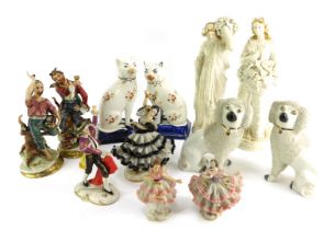 A group of 20thC Continental and other porcelain, to include Dresden crinoline figures, a pair of Ca