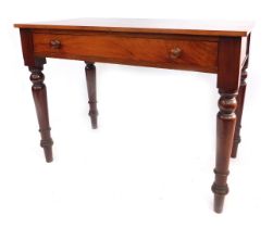 A 19thC mahogany rectangular side table, fitted with a frieze drawer, on turned and tapered legs, 77