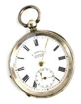 A 19thC E Harris of Liverpool pocket watch, with a white enamel Roman numeric dial, seconds dial and