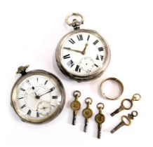 Two silver pocket watches and a dress ring, comprising a Victorian silver Fattorini and Sons of Brad