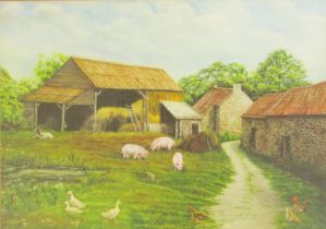 Lindis Maria Colam (20thC School). The Farmyard, with haystack, pigs, geese and chicken, oil on canv