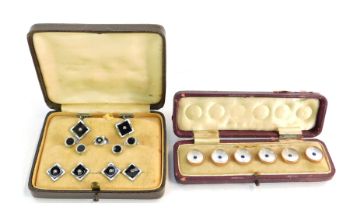Two cased sets of Art Deco style collar studs, comprising one with mother of pearl and blue paste st