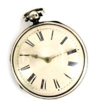 A Victorian silver pair cased pocket watch, with engine engraved case and hourglass domed cover, on