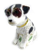 A Royal Crown Derby porcelain paperweight modelled as Sitting Puppy, gold stopper and red printed ma